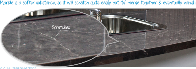 Marble is a softer substance, so it will scratch quite easily but its’ merge together & eventually vanish.