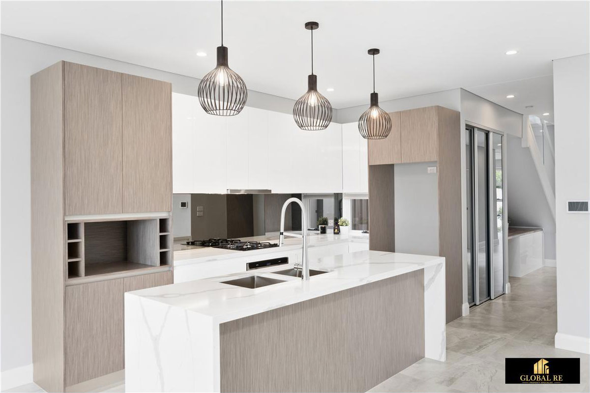 Contemporary Kitchen with Light Wood Cabinets