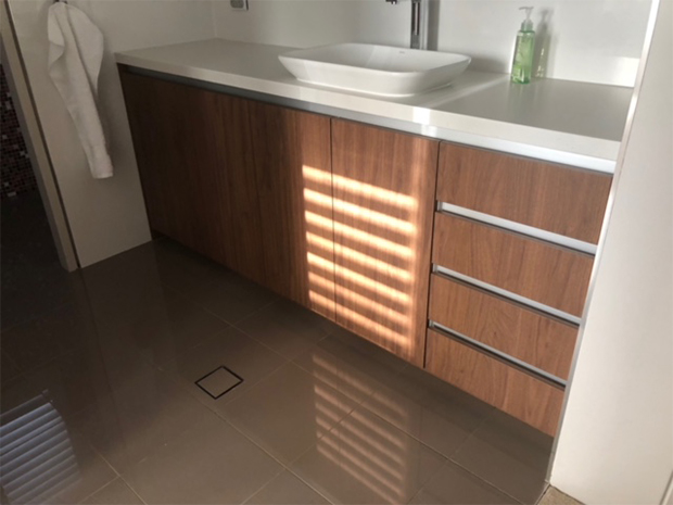 matte wood tone bathroom cabinet